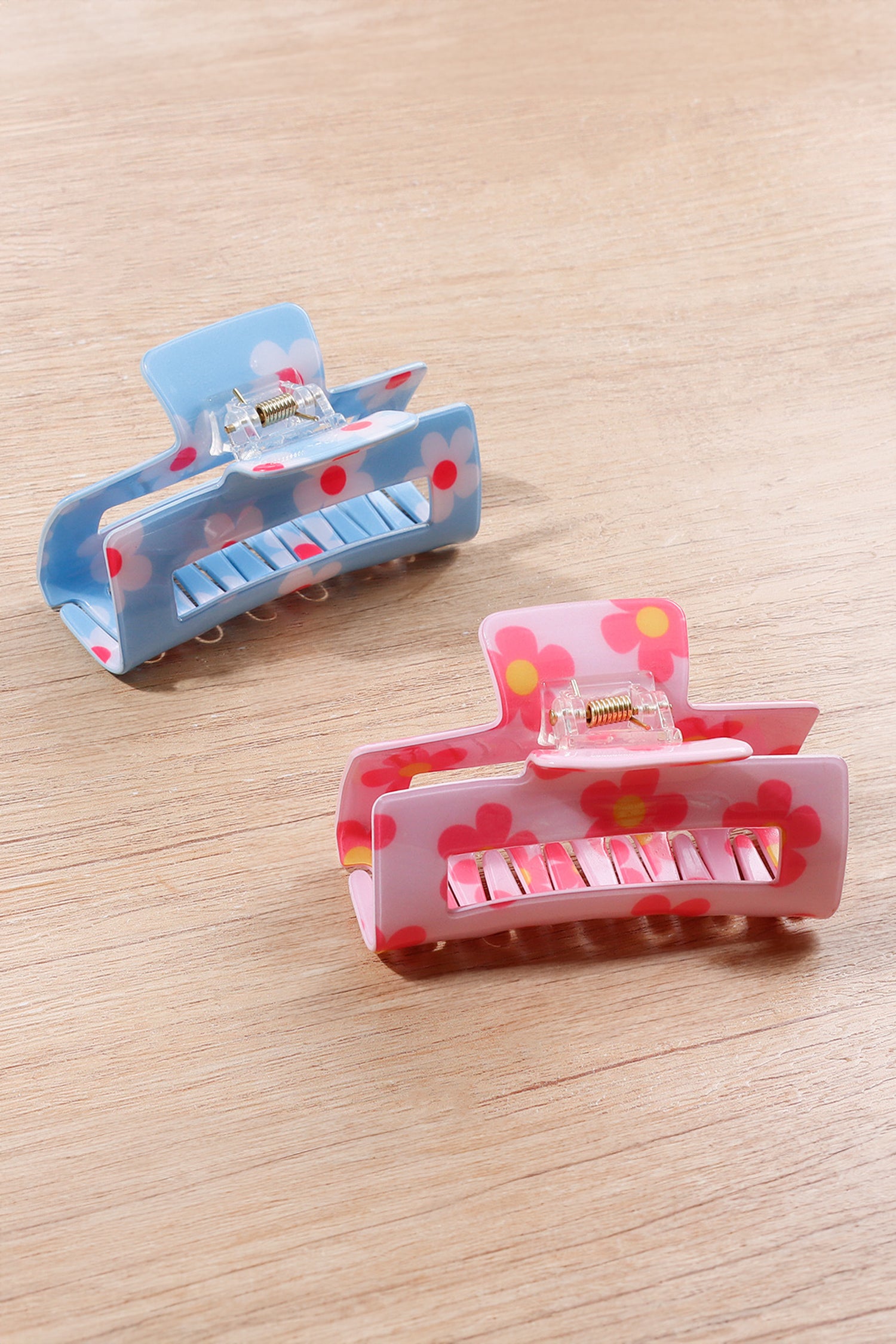 Pink Dainty Flower Printed Rectangular Hollowed Hair Claw Clip