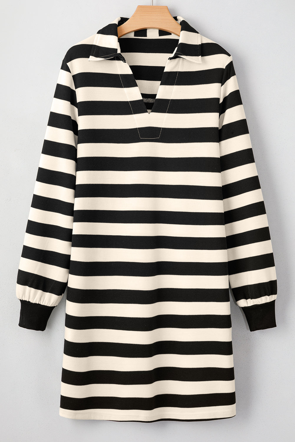 Khaki Stripe Collared V Neck Long Sleeve Loose Casual Dress