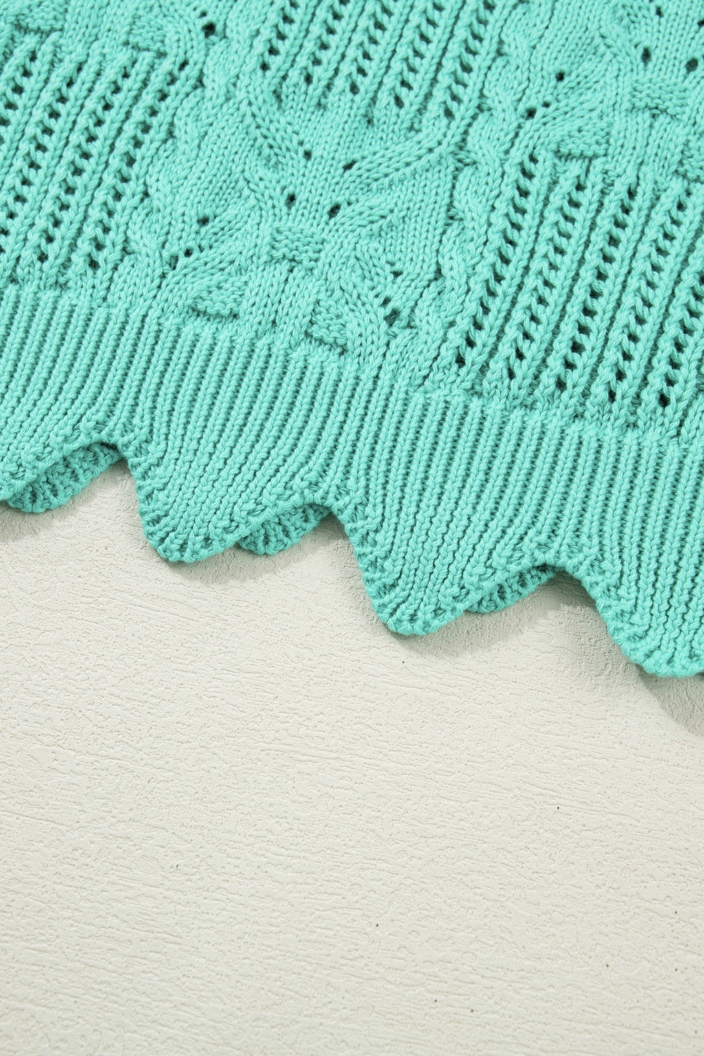 Mint Green Pointelle Knit Patterned Scalloped Trim Short Sleeve Sweater