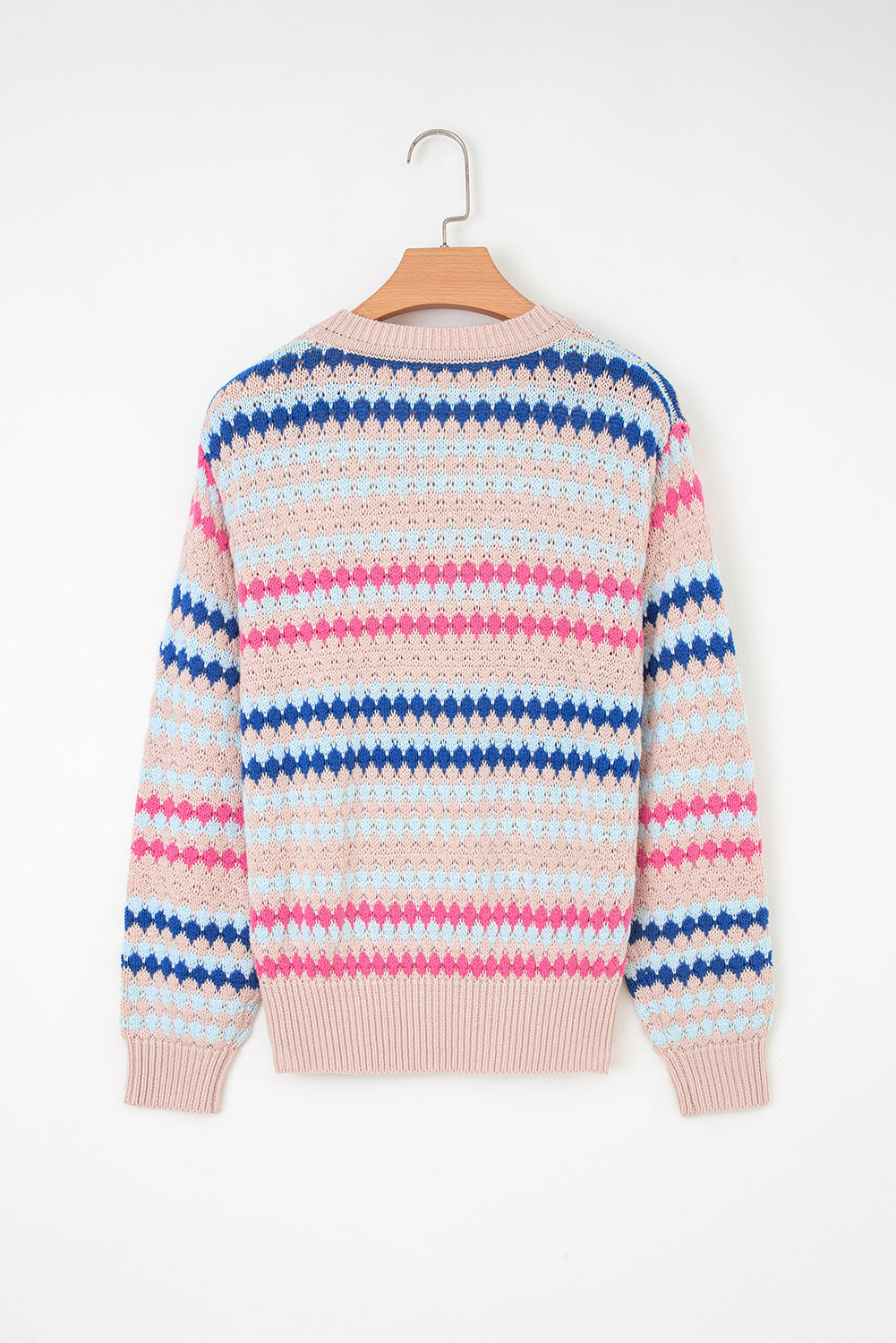 Brown Stripe Eyelet Patterned Drop Shoulder Sweater