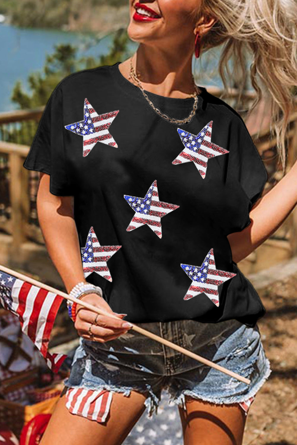 White Sequin American Flag Can Oversized Graphic Tee