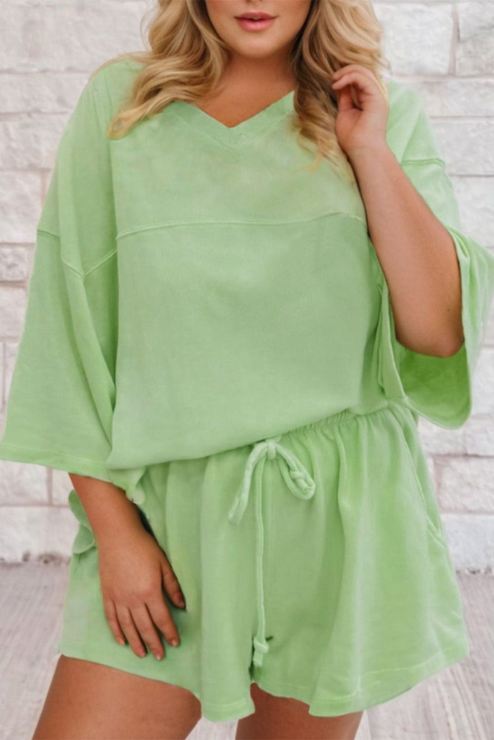 Meadow Mist Green Solid Loose V Neck Half Sleeve Tee and Shorts