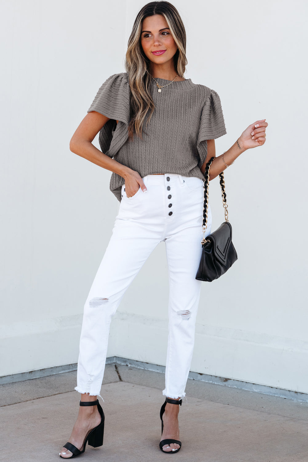 Moonlight Jade Solid Color Textured Flutter Sleeve Top