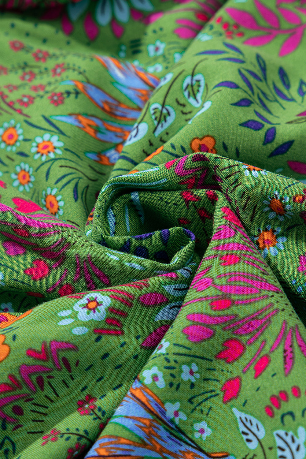 Green Floral Tie Split Neck Frilly Ruffle Trim Tiered Short Dress