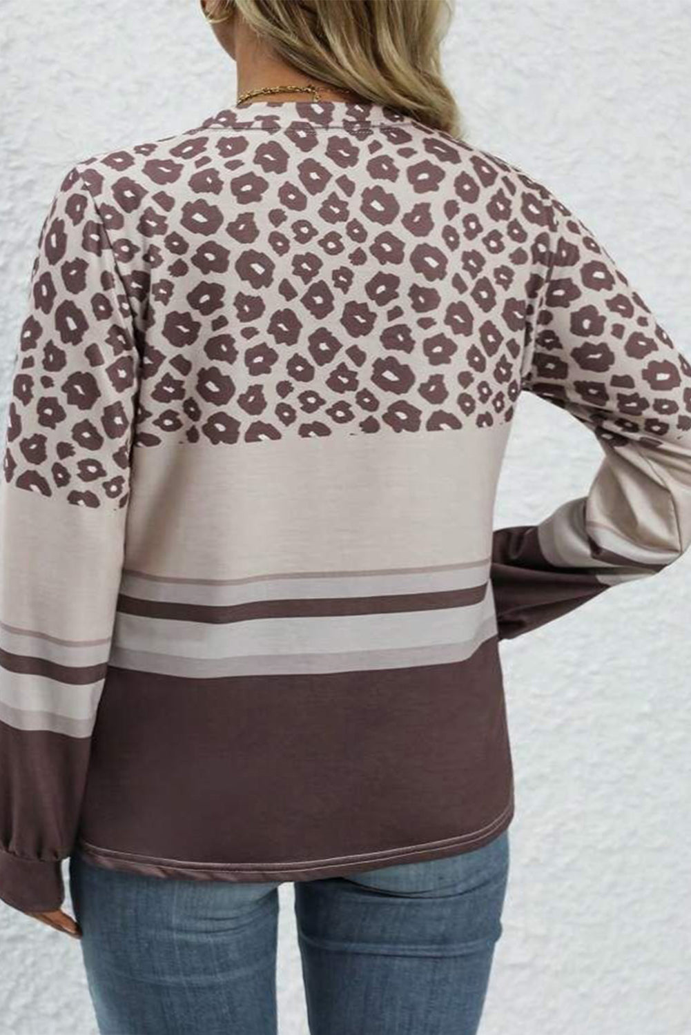 Brown Leopard Color Block Crewneck Long Sleeve Top