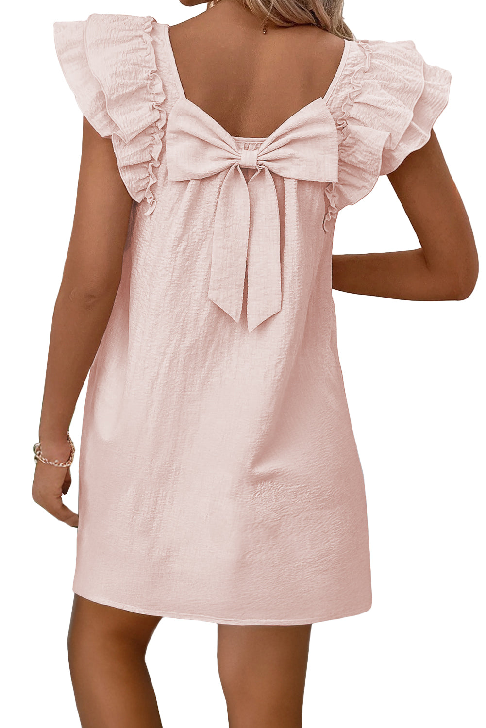 Beau Blue Textured Bow Knot Frilled Butterfly Sleeve Blouse