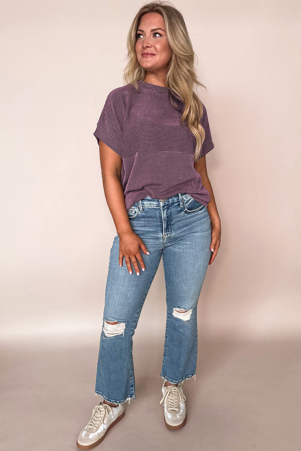 Bright Pink Plain Corded Knit Mock Neck T Shirt