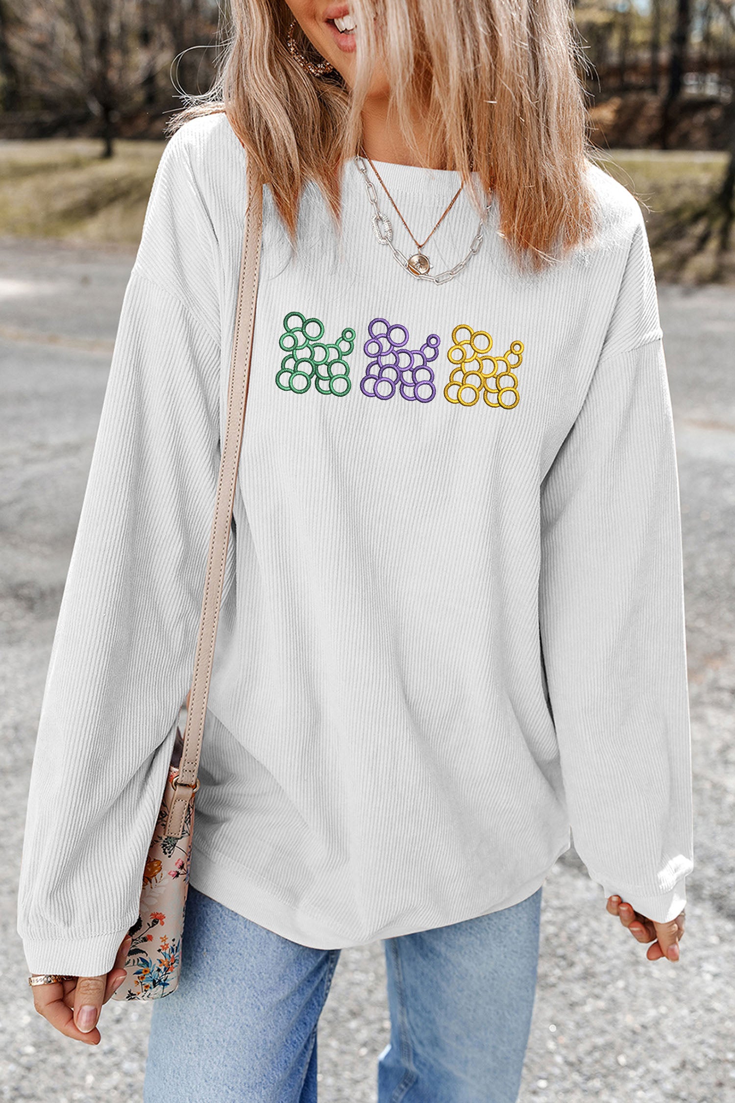 White Mardi Gras Cute Balloon Dogs Embroidered Corded Ribbed Sweatshirt