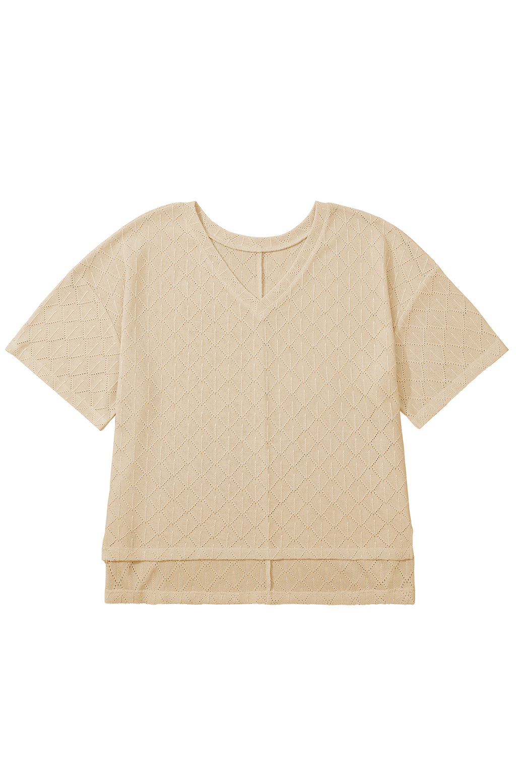 White Pointelle Rhombus Knit Plus Size V Neck Loose Top