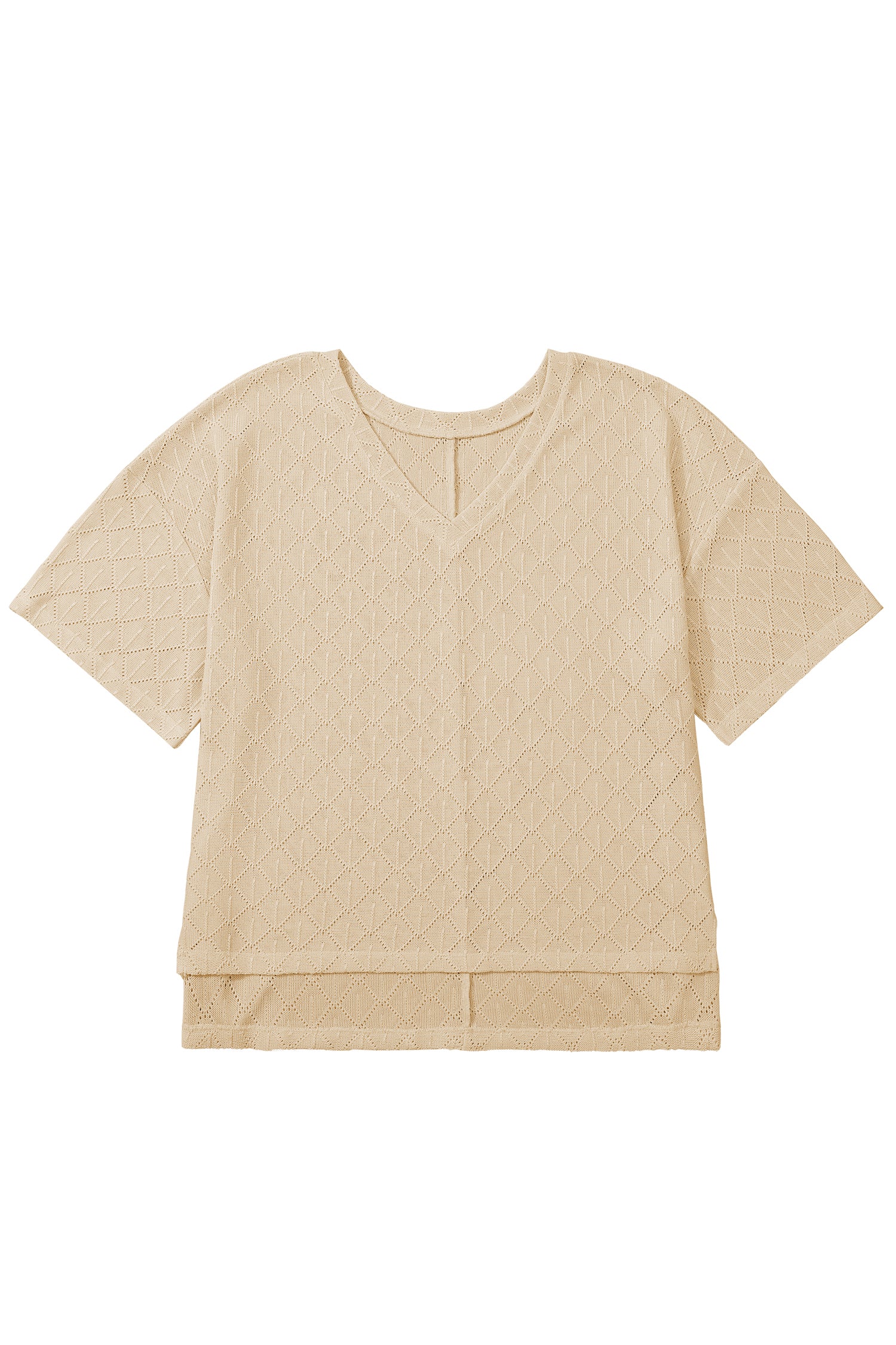 White Pointelle Rhombus Knit Plus Size V Neck Loose Top