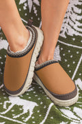 Coffee Contrast Stitch Detail Faux Suede PU Patchwork Plush Winter Clog Slippers