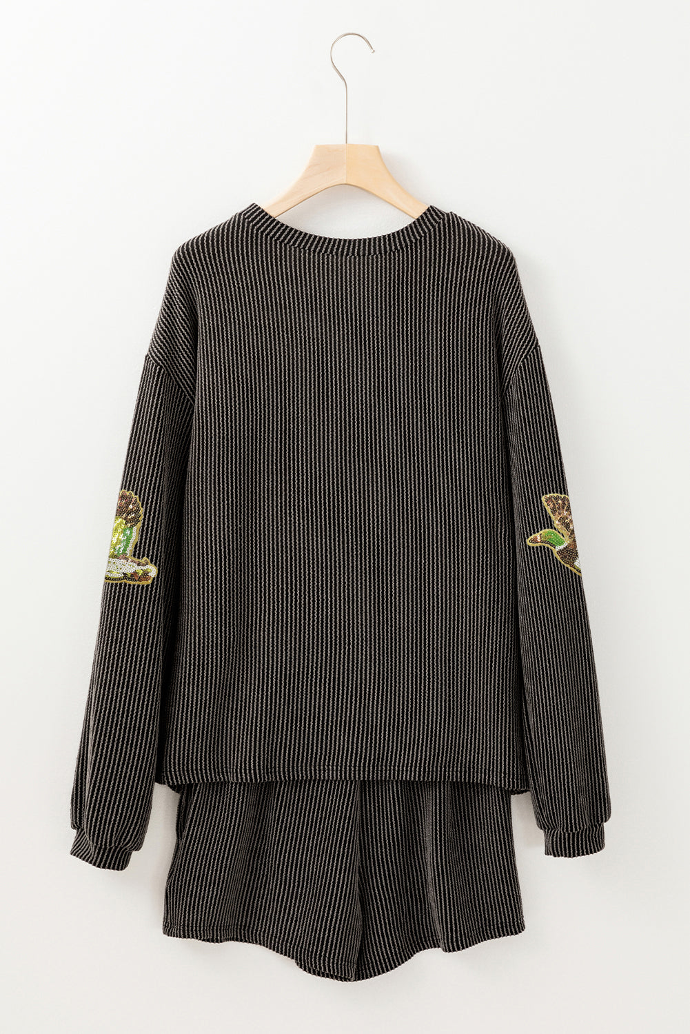 Carbon Grey Ribbed Long Sleeve Top and Shorts Flying Mallard Sequin Patched Graphic Set