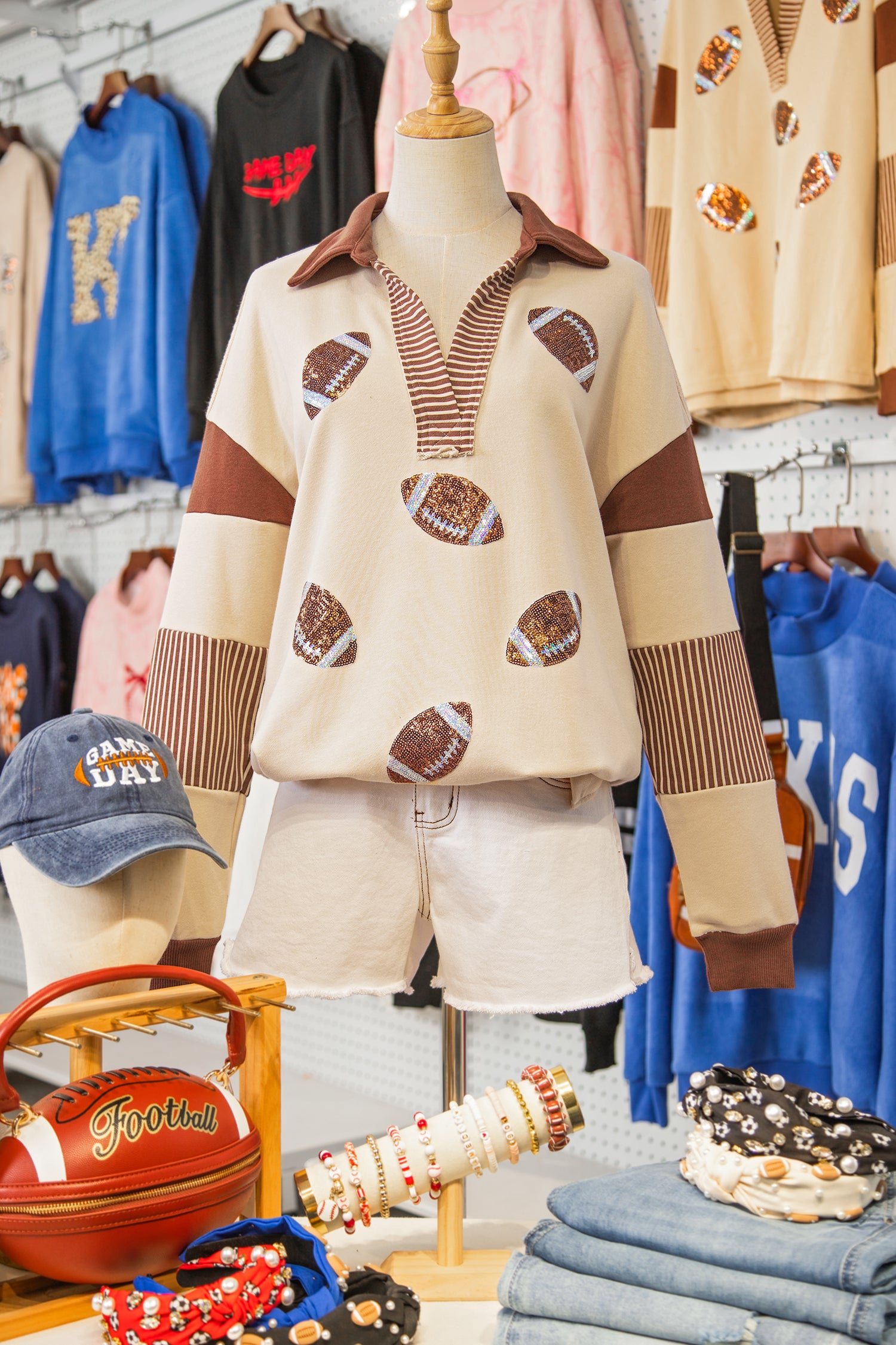 Light French Beige Color Block Striped Patchwork Sequin Rugby Graphic Polo Sweatshirt