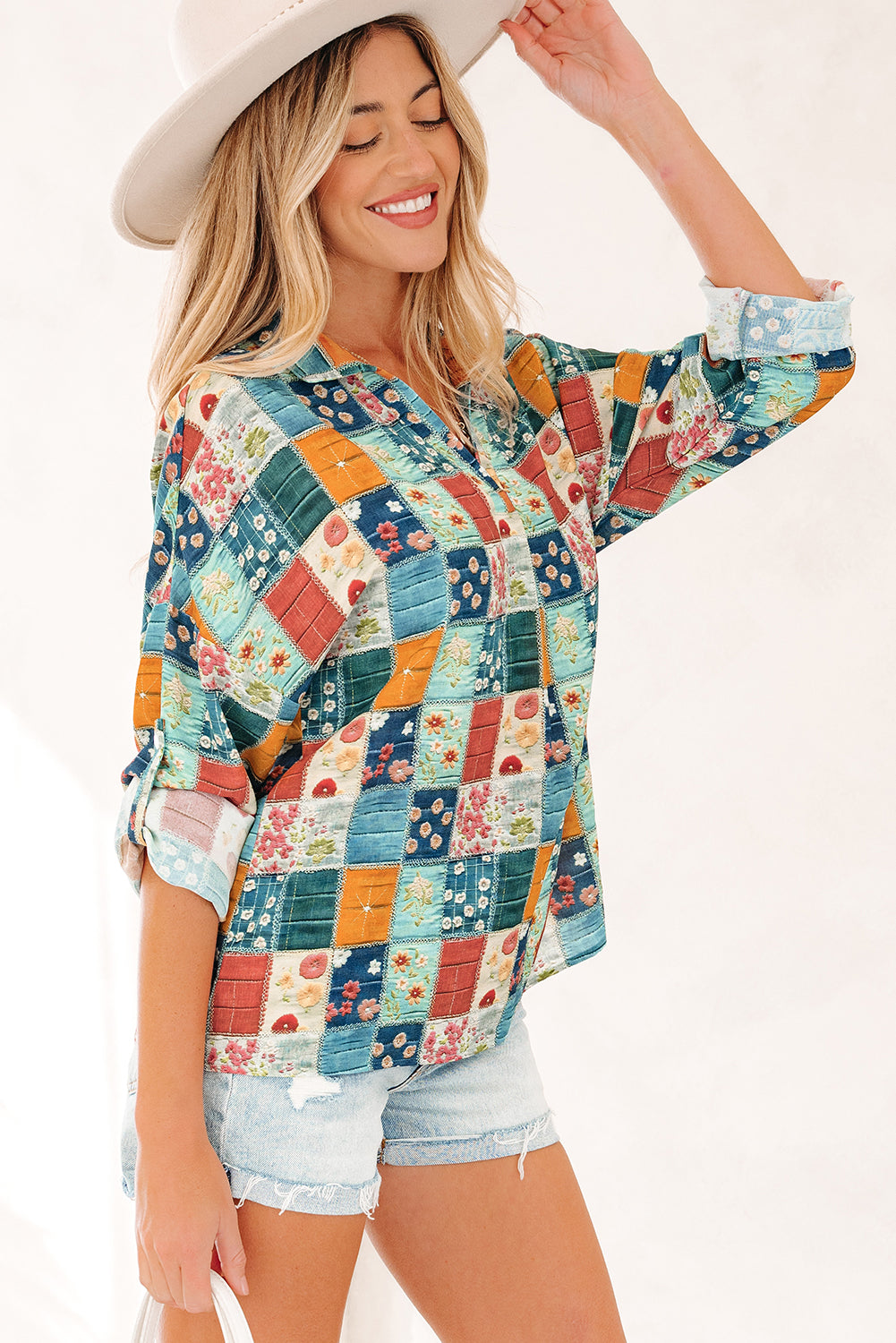 Sky Blue Mix Floral Checkered Pattern Bubble Sleeve Ruffle Hem Dress