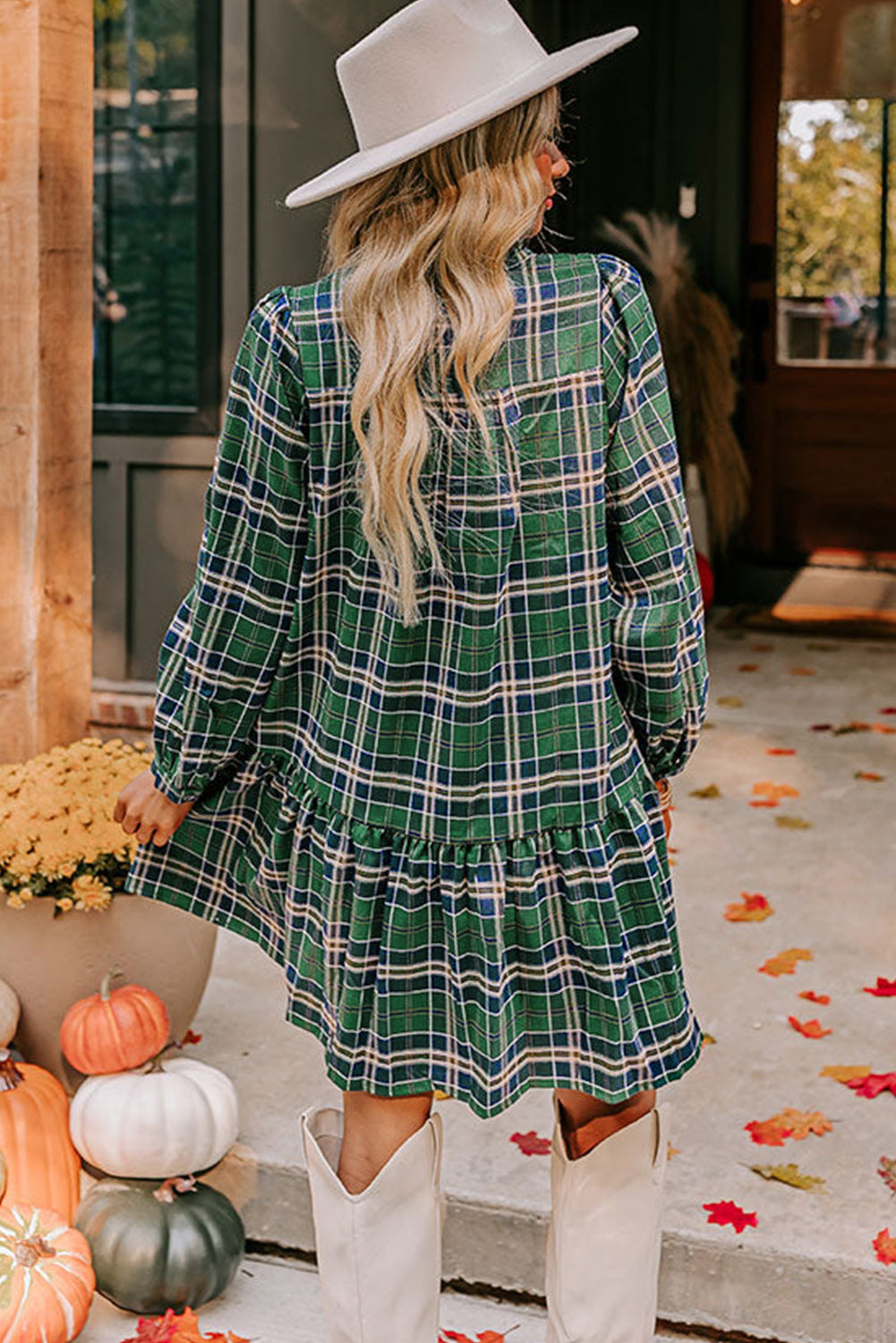 Green Plus Size Plaid Long Sleeve Notched Neck Shift Mini Dress