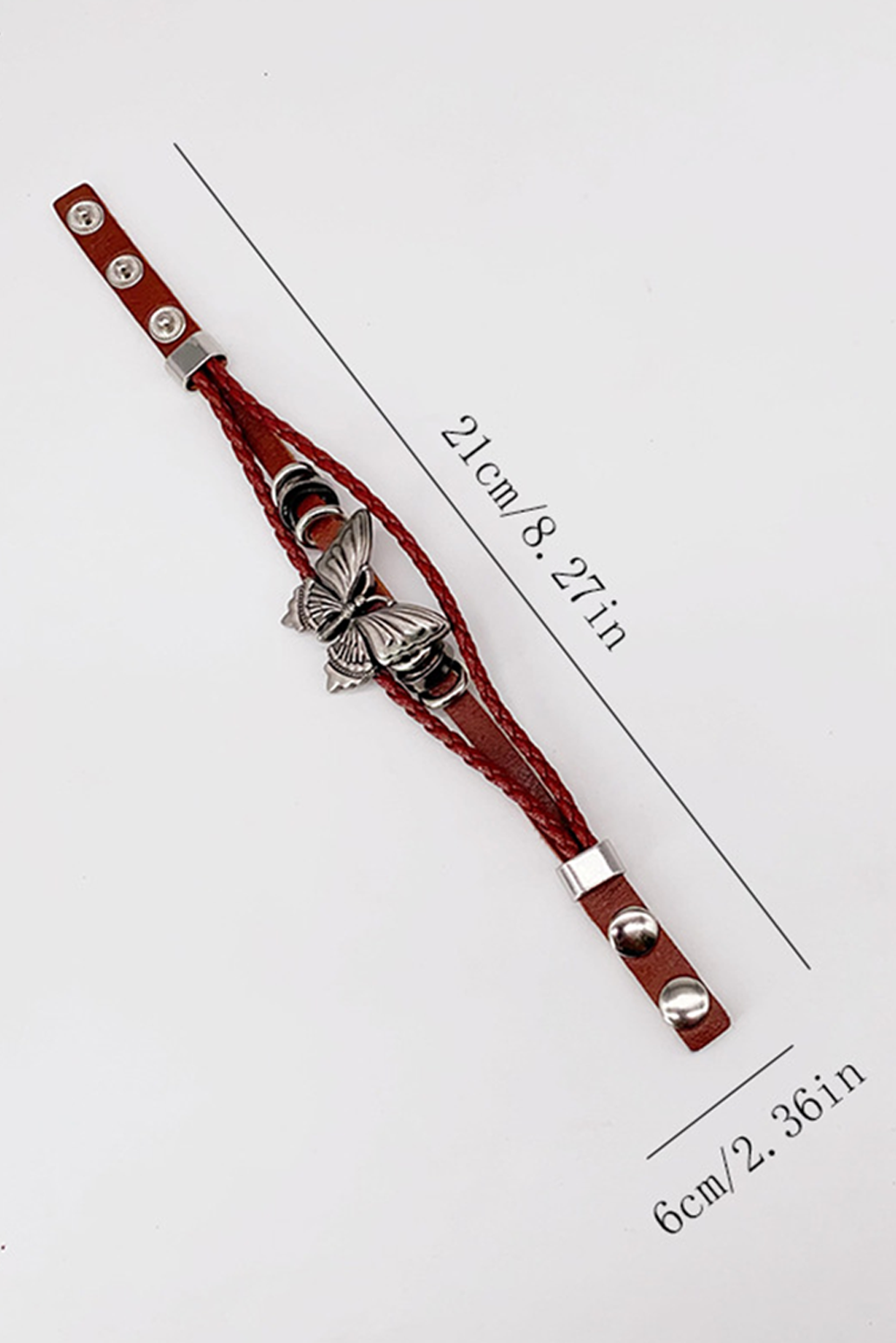 Mineral Red Retro Butterfly Decor Exotic Faux Leather Braided Snap Button Bracelet