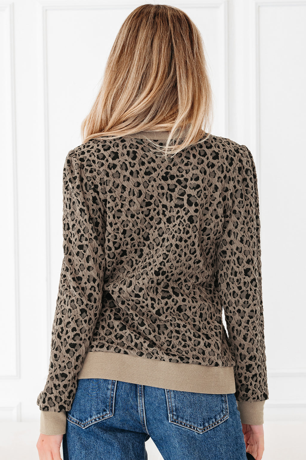 Khaki Leopard Textured Ribbed Trim Plus Size Long Sleeve Top