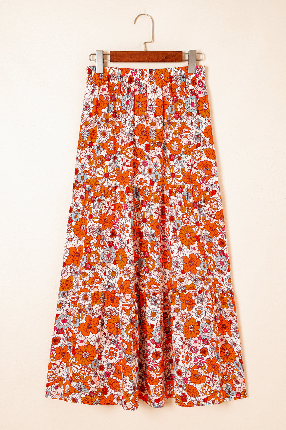 Orange Bohemian Floral Print Tiered Maxi Skirt with Split