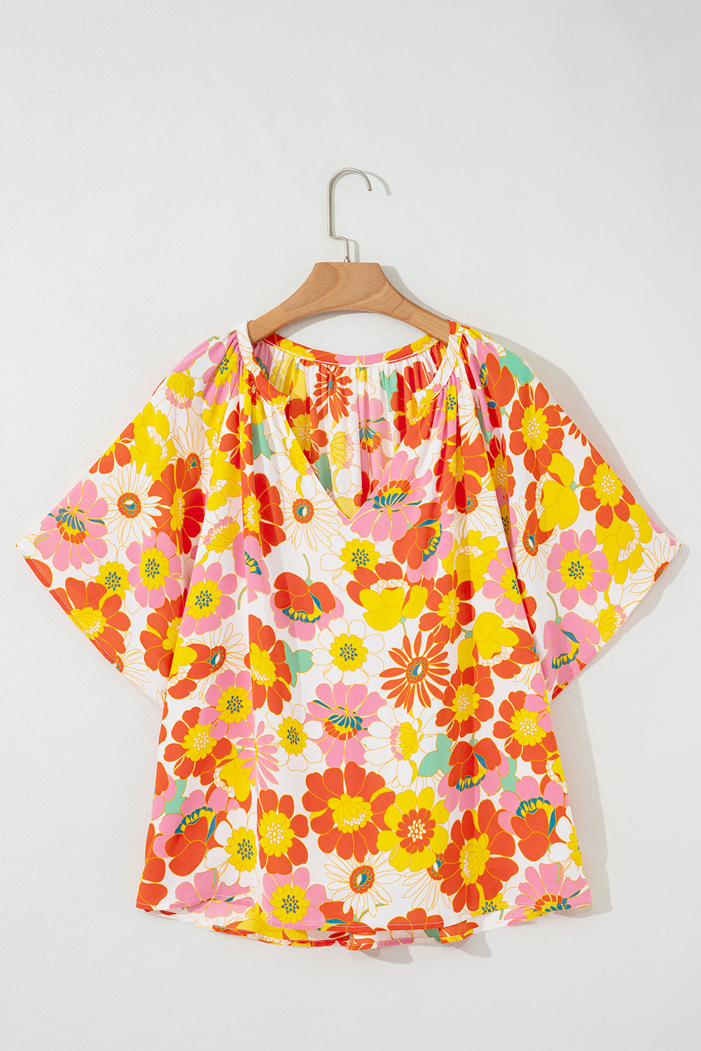 Multicolor Stand Collar Flutter Sleeves Floral Top