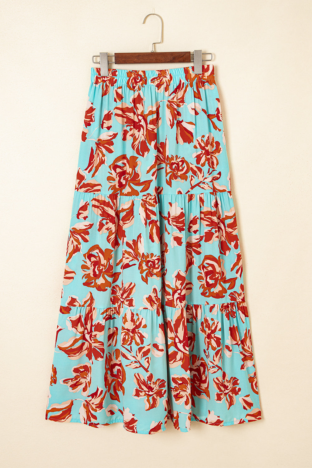 Orange Bohemian Floral Print Tiered Maxi Skirt with Split