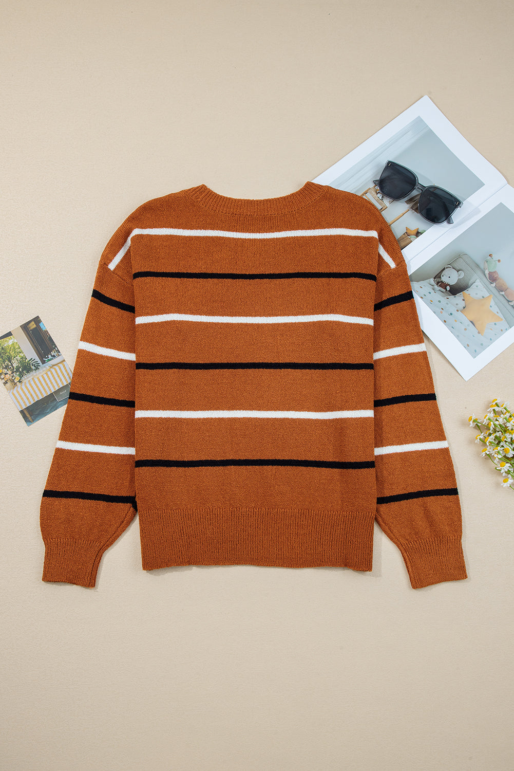 Multicolour Striped Buttoned Front V Neck Drop Shoulder Cardigan Sweater