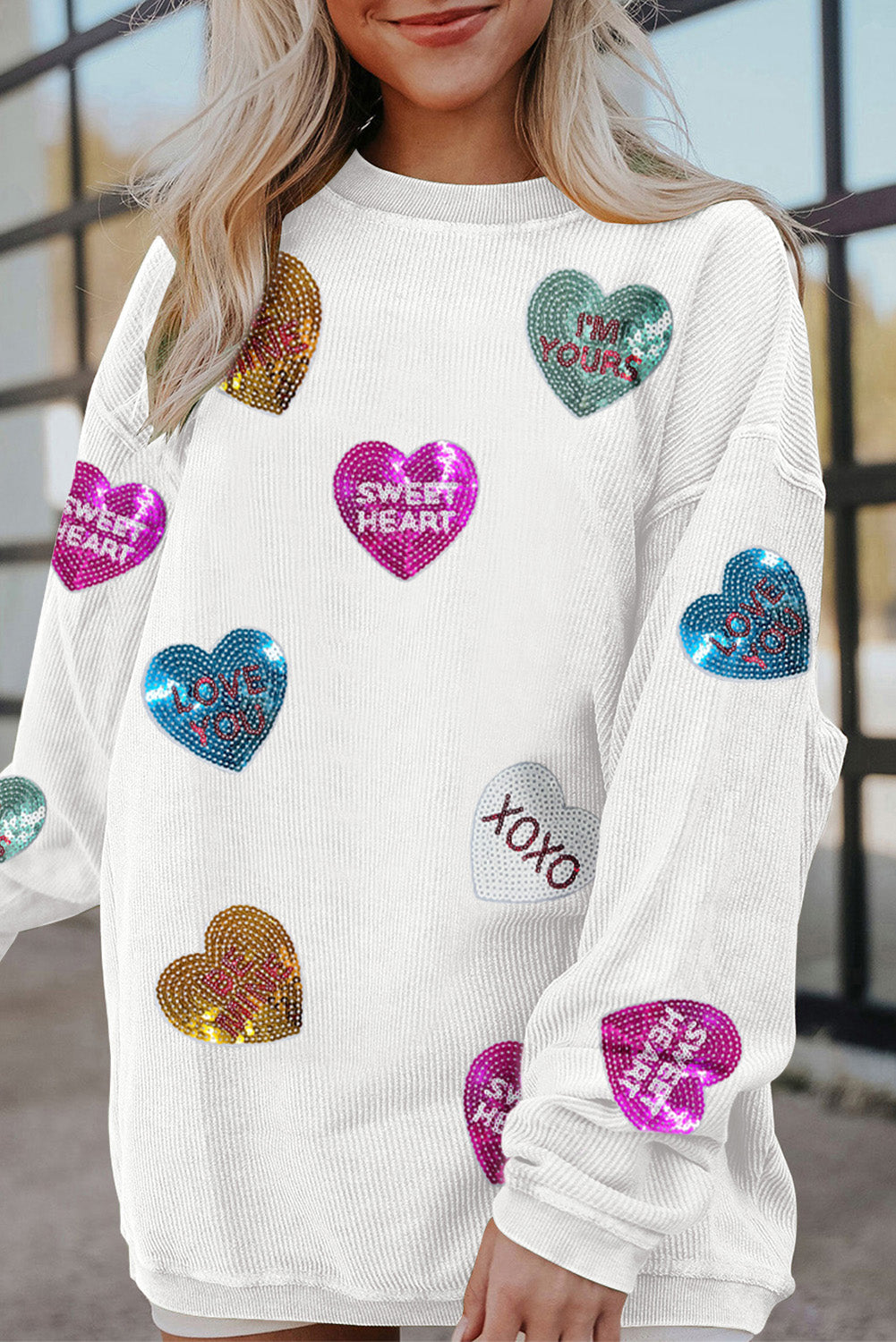 White Valentines Heart Patched Pattern Corded Pullover Sweatshirt