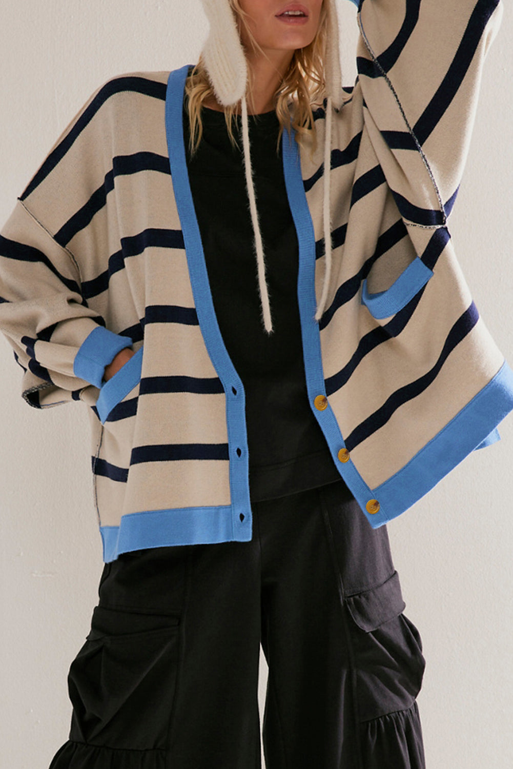 Pink Stripe Colorblock Drop Shoulder Buttoned Loose Cardigan