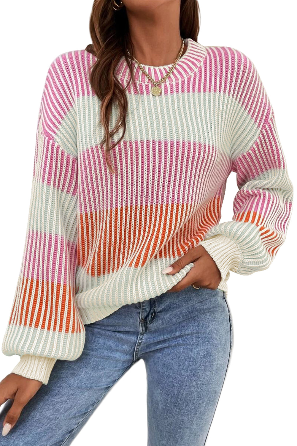 Brown Colorblock Textured Knit Bubble Sleeve Sweater