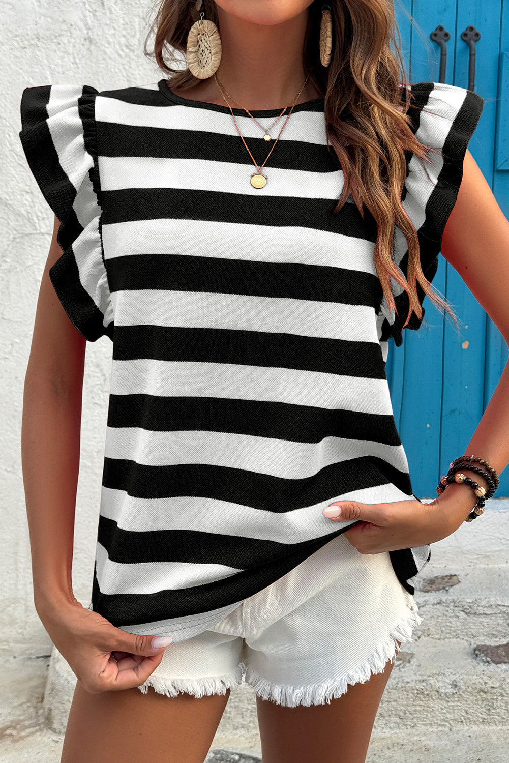 Green Stripe Flutter Sleeve Round Neck Shift Dress