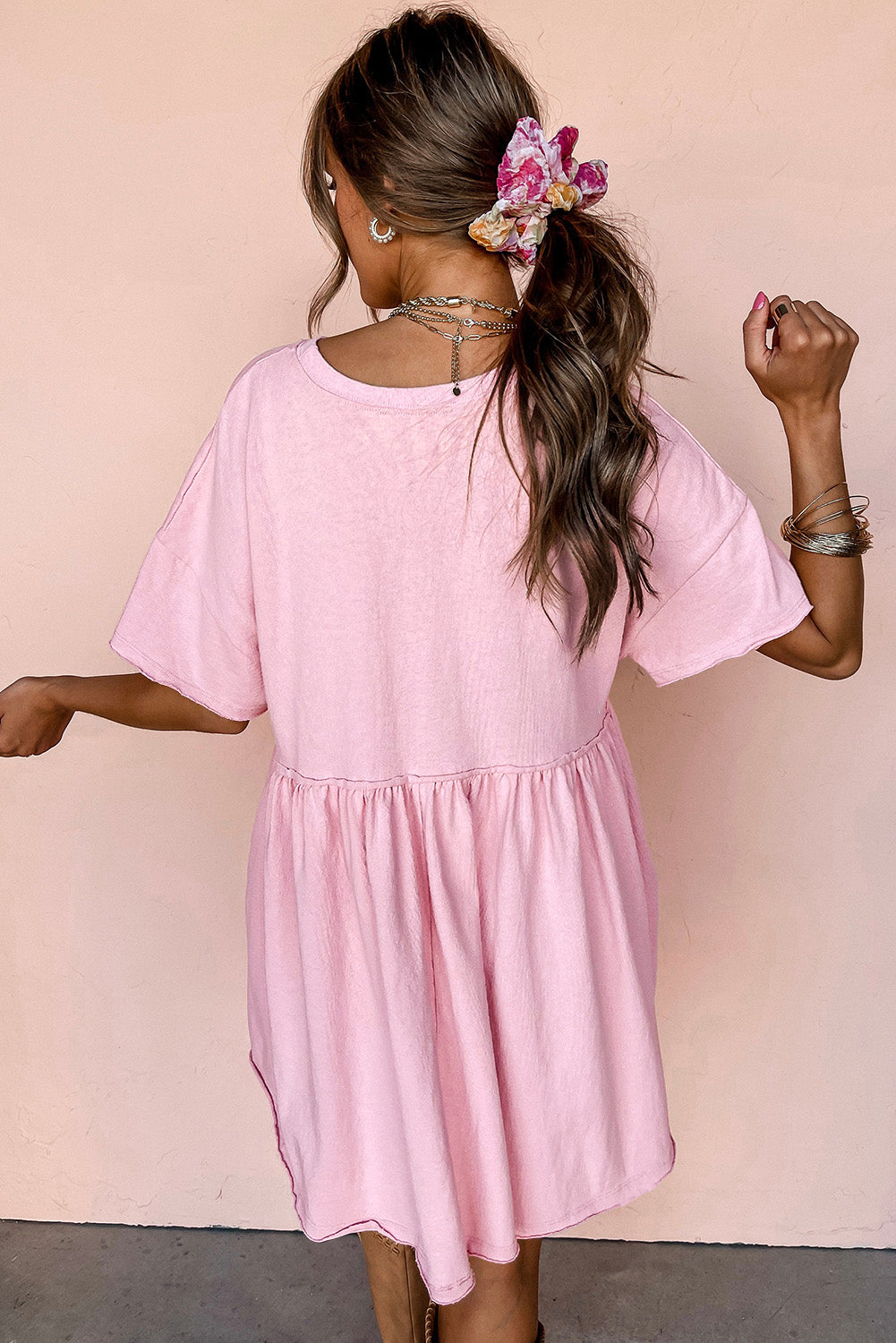 Sky Blue Solid Color Pocketed Raw Edge Babydoll Dress