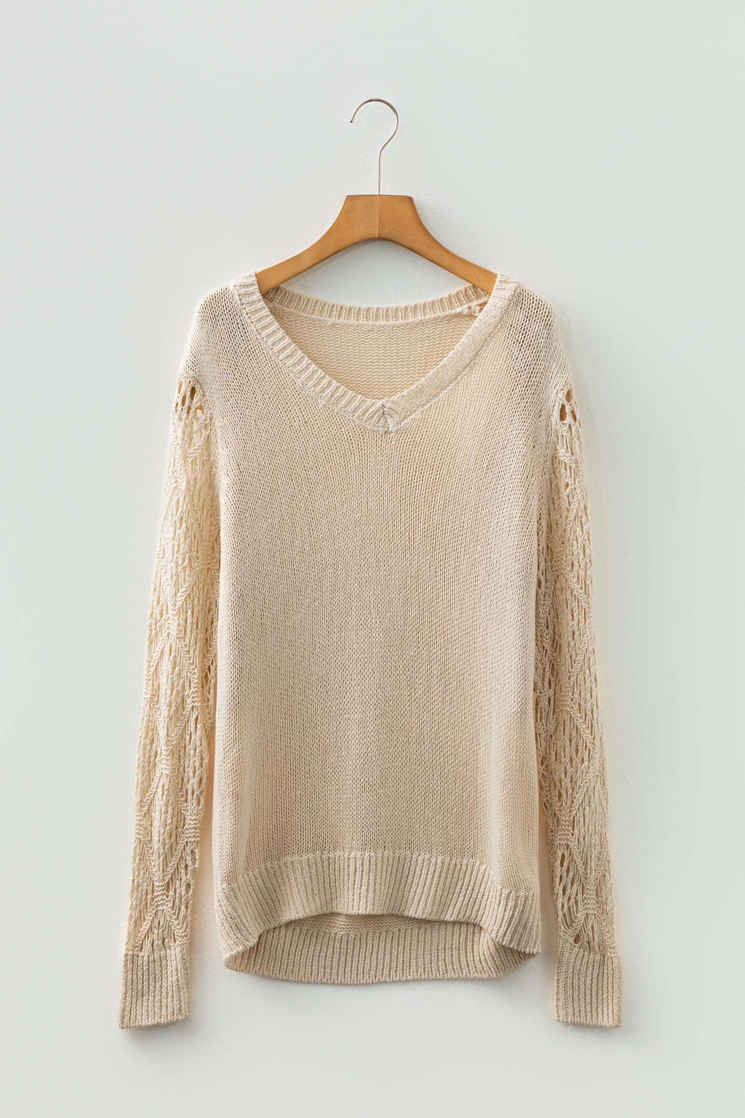 Black Solid V Neck Pointelle Knit Sleeve Patchwork Sweater