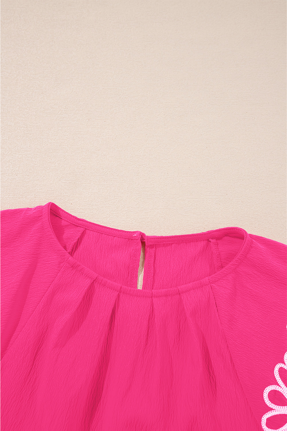 Strawberry Pink Floral Embroidered Flutter Sleeve Pleated O Neck Plus Size Blouse