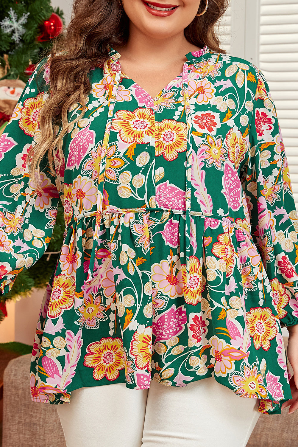 Green Floral Puff Sleeve V Neck Peplum Blouse