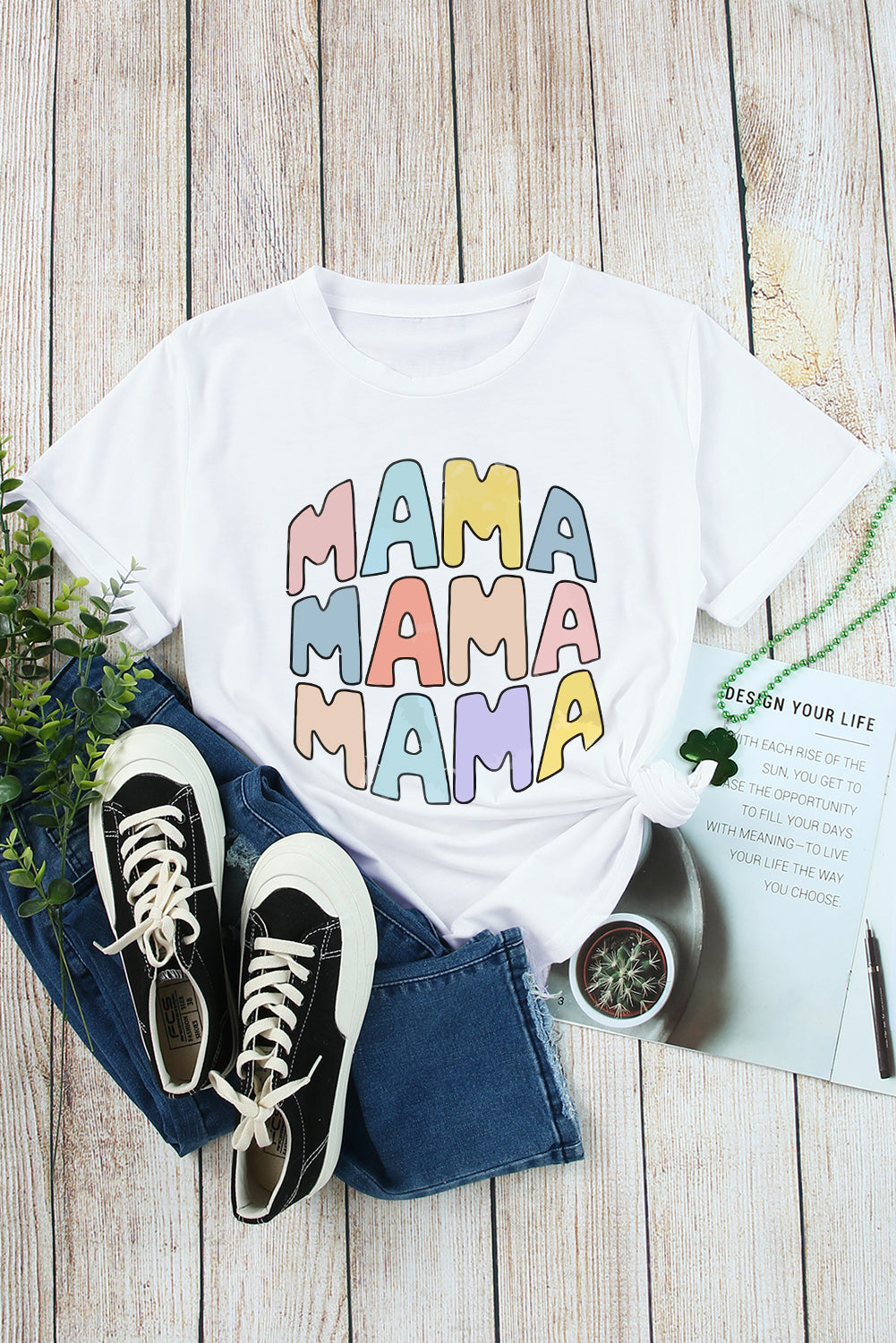 White MAMA Floral Block Graphic Casual T Shirt