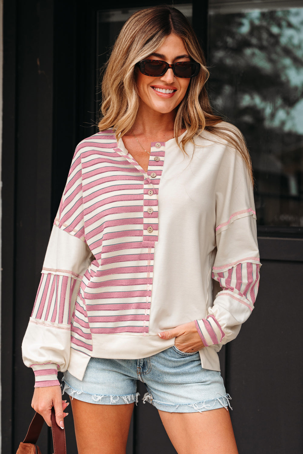 Khaki Stripe Stitched Detail Color Block Patchwork Oversized Pullover Top
