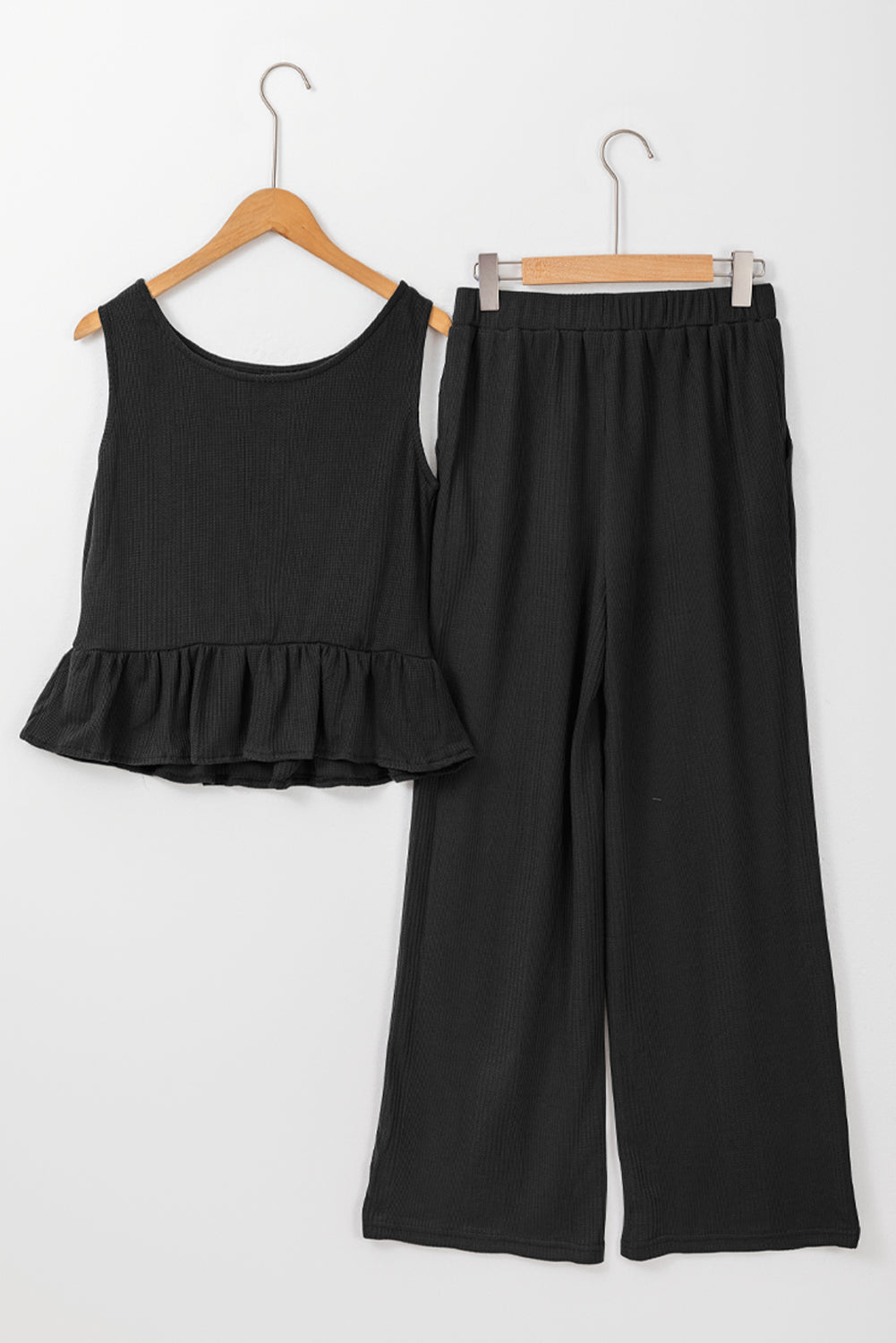 Beau Blue Solid Color Ribbed Ruffle Tank Top and Pants Set