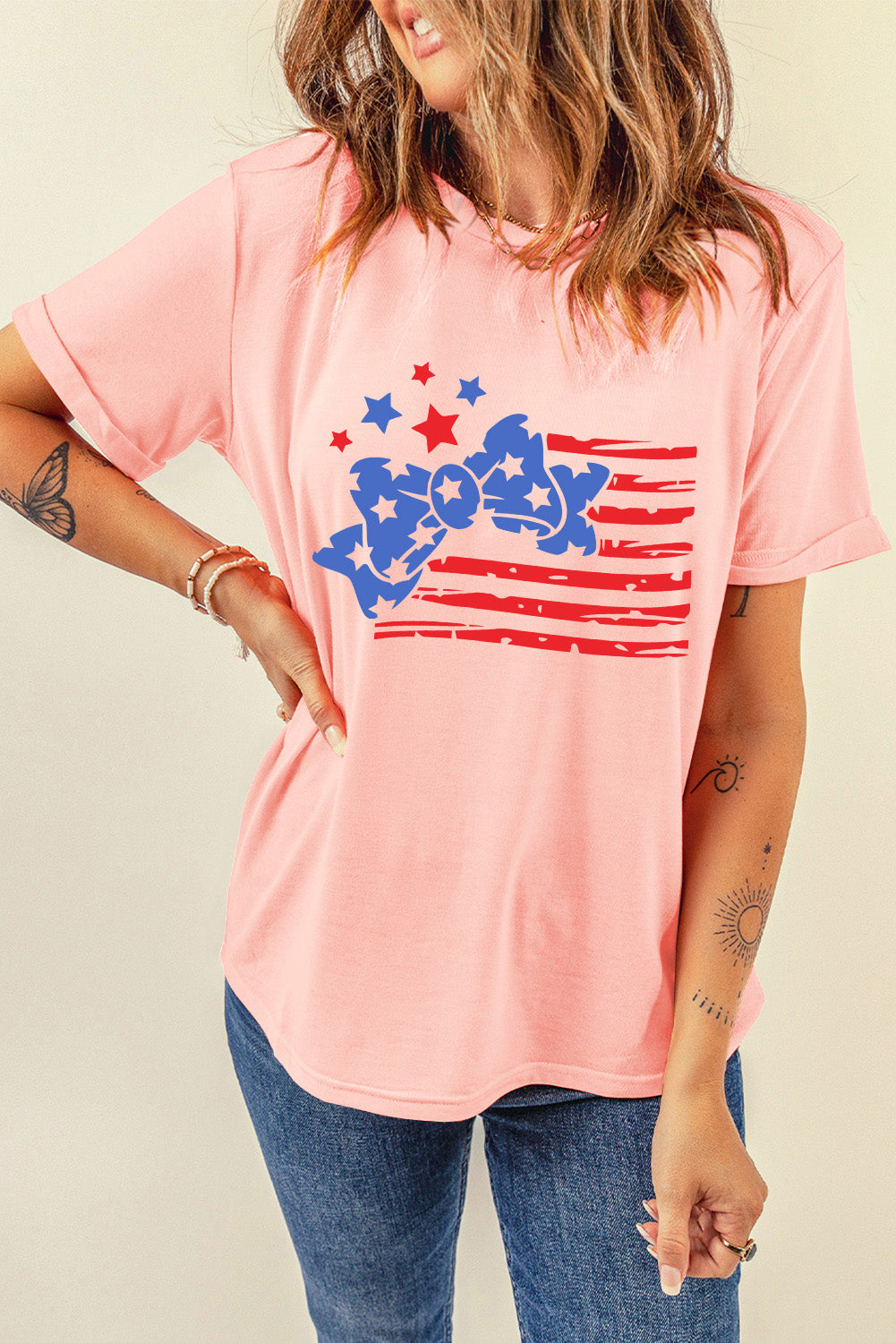 Pink Stars and Stripes Bow Knot Crew Neck T Shirt