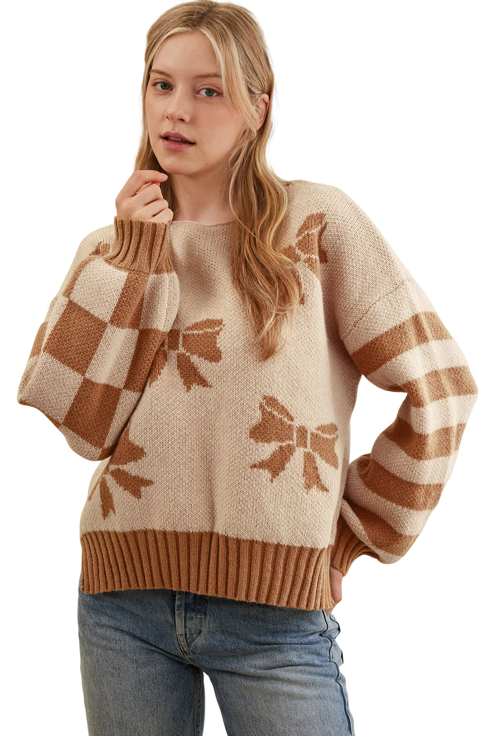 Straw Yellow Ribbon Bow Print Checkered Striped Sleeve Drop Shoulder Sweater