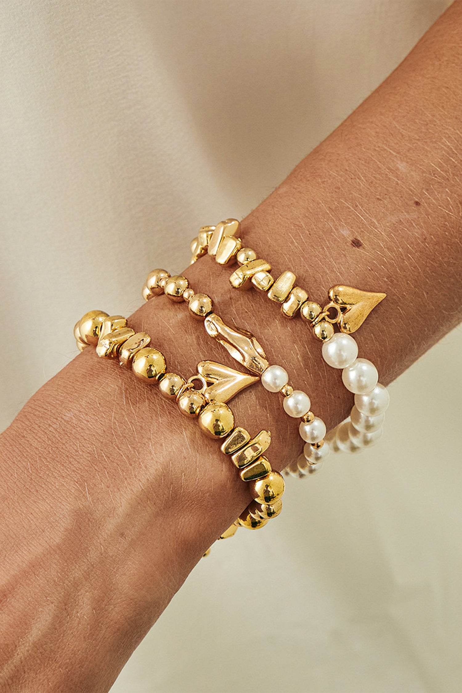 Gold 3pcs Irregular Beads Pearl Detail Bracelet Set