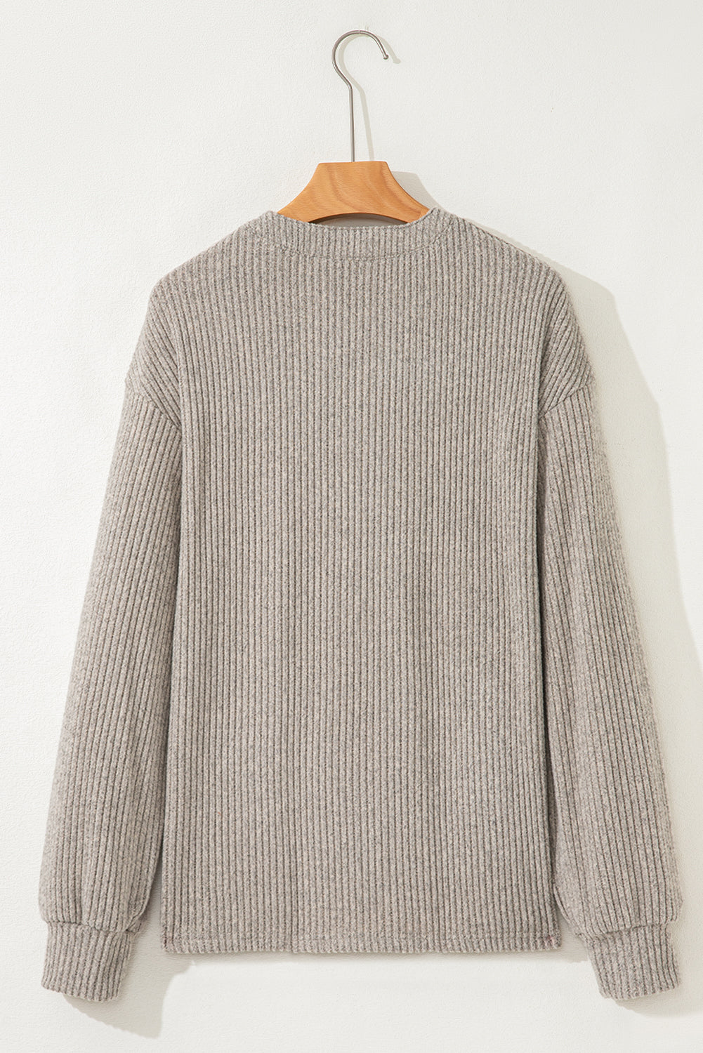 Simply Taupe Plus Size Ribbed Knit Kangaroo Pocket Henley Long Sleeve Top