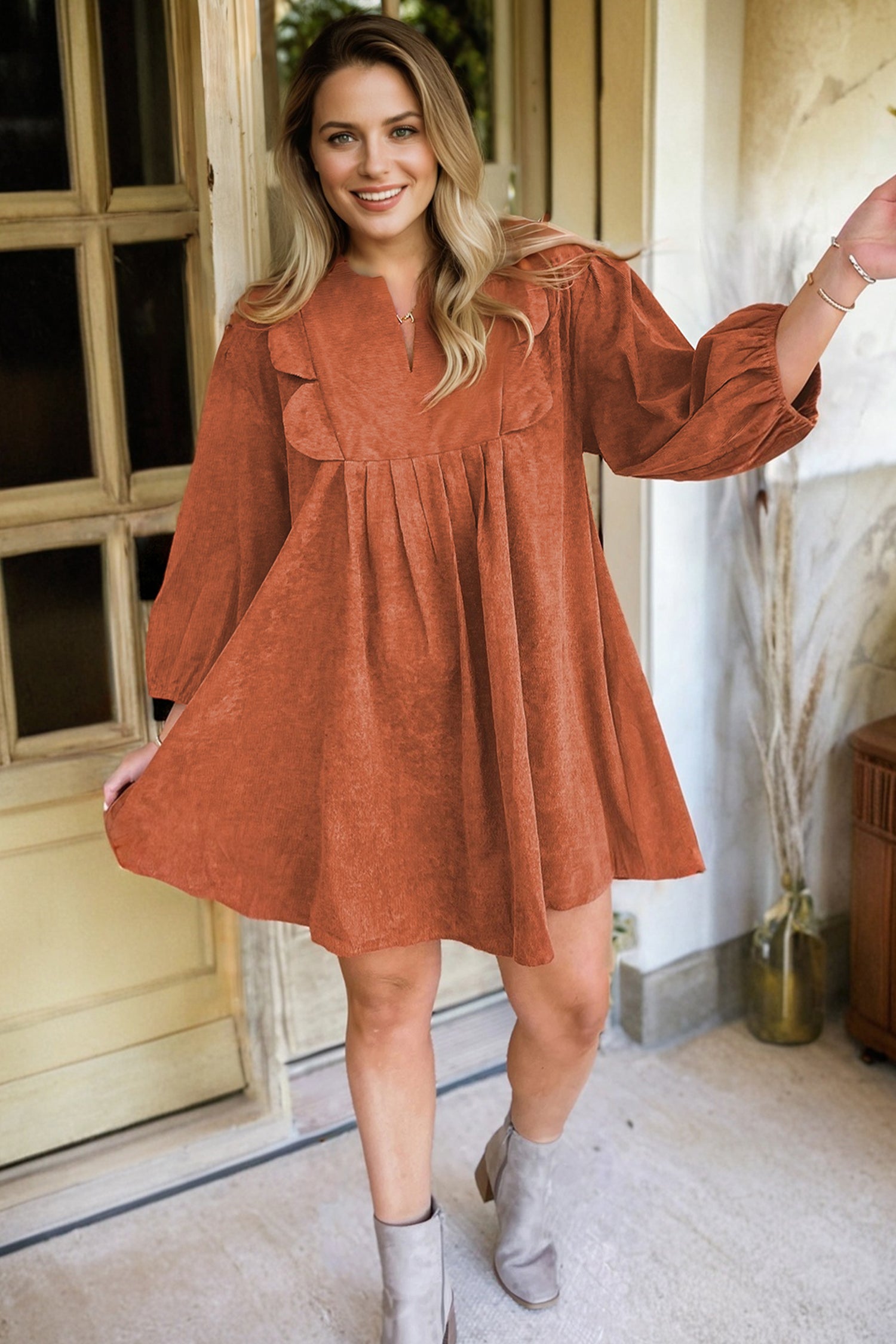 Moss Green Bracelet Sleeve Split Neck Scallop Detail Pleated Corduroy Mini Dress