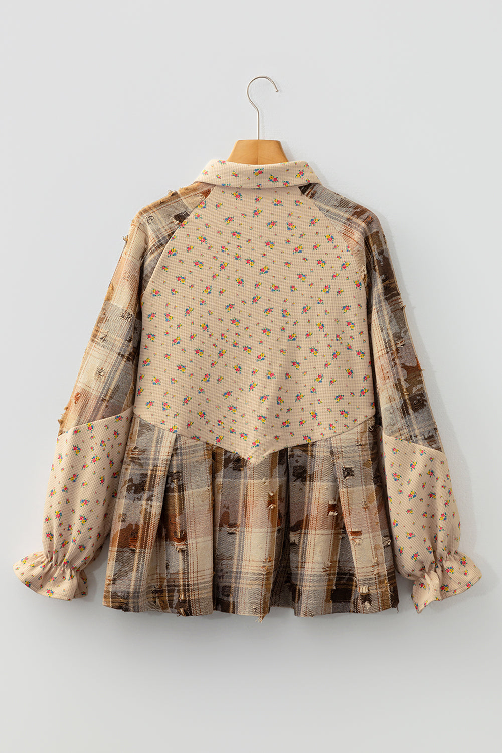 Mist Green Boho Floral Plaid Patchwork Distressed Detail Ruffled Sleeve Waffle Knit Shacket