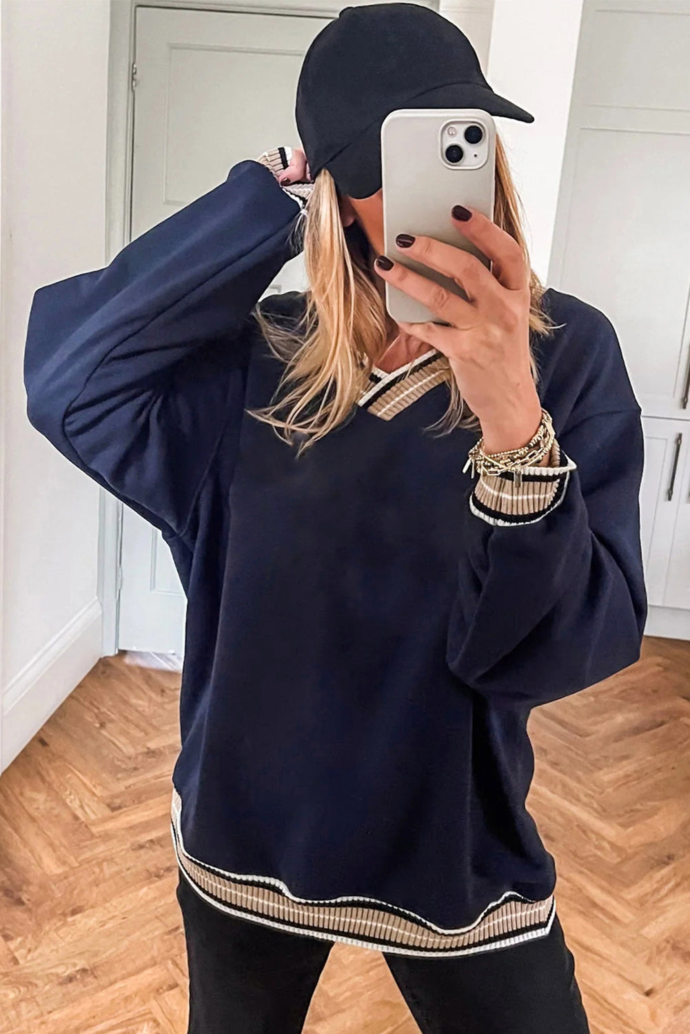 Gray Varsity Contrast Striped Trim V Neck Sweatshirt