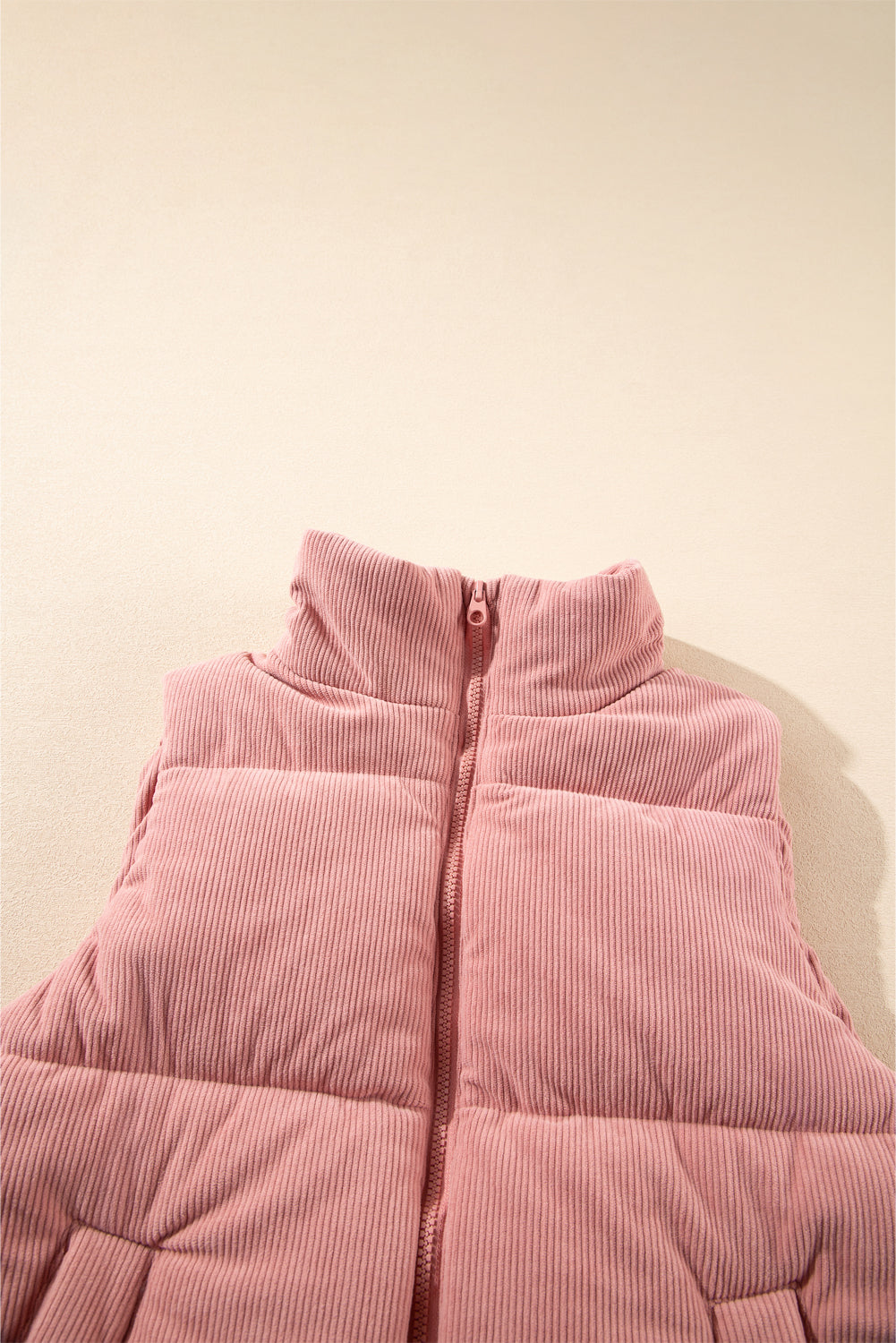 Beige Corduroy Stand Neck Zipped Puffer Vest