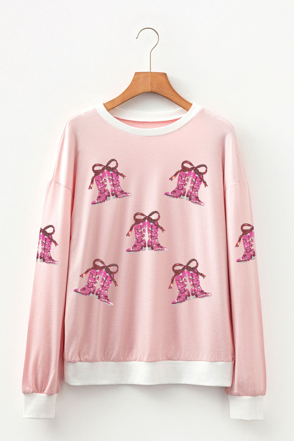 Pink Stripe Cowgirl Boots Sequin Pattern Round Neck Long Sleeve T Shirt