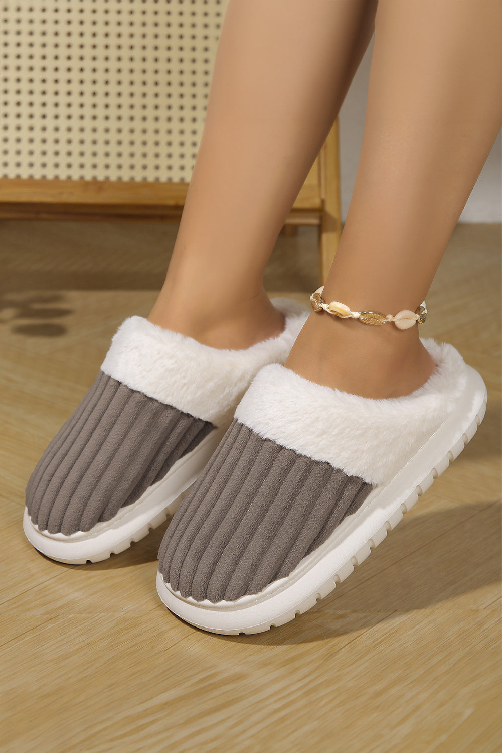 Pink Ribbed Plush Color Block Winter Slippers
