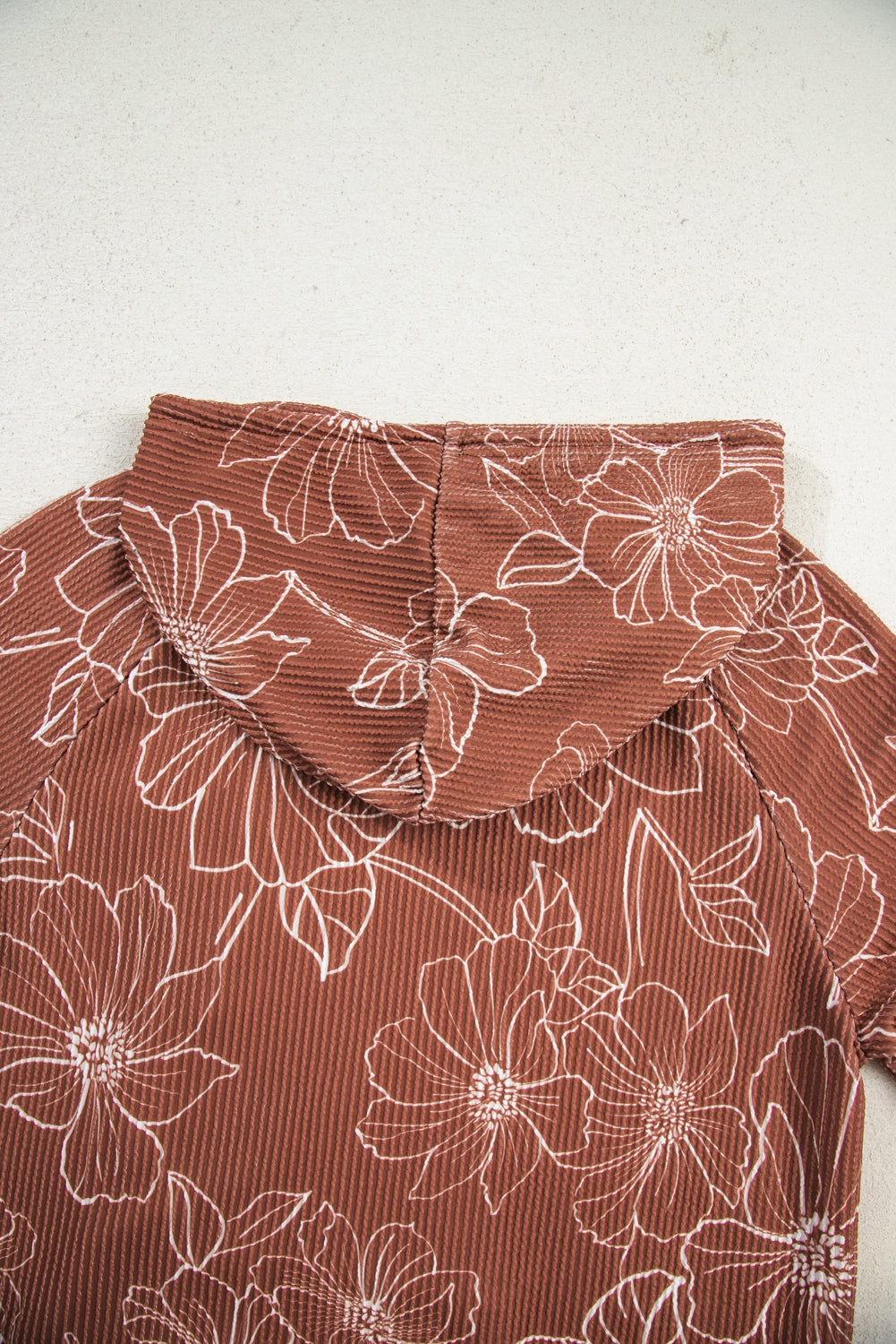 Brown Floral Twisted Rib Drawstring Kangaroo Pocket Hoodie
