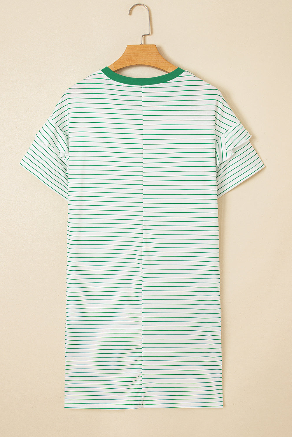Black Stripe Ruffled Short Sleeve Crew Neck T Shirt Shift Mini Dress