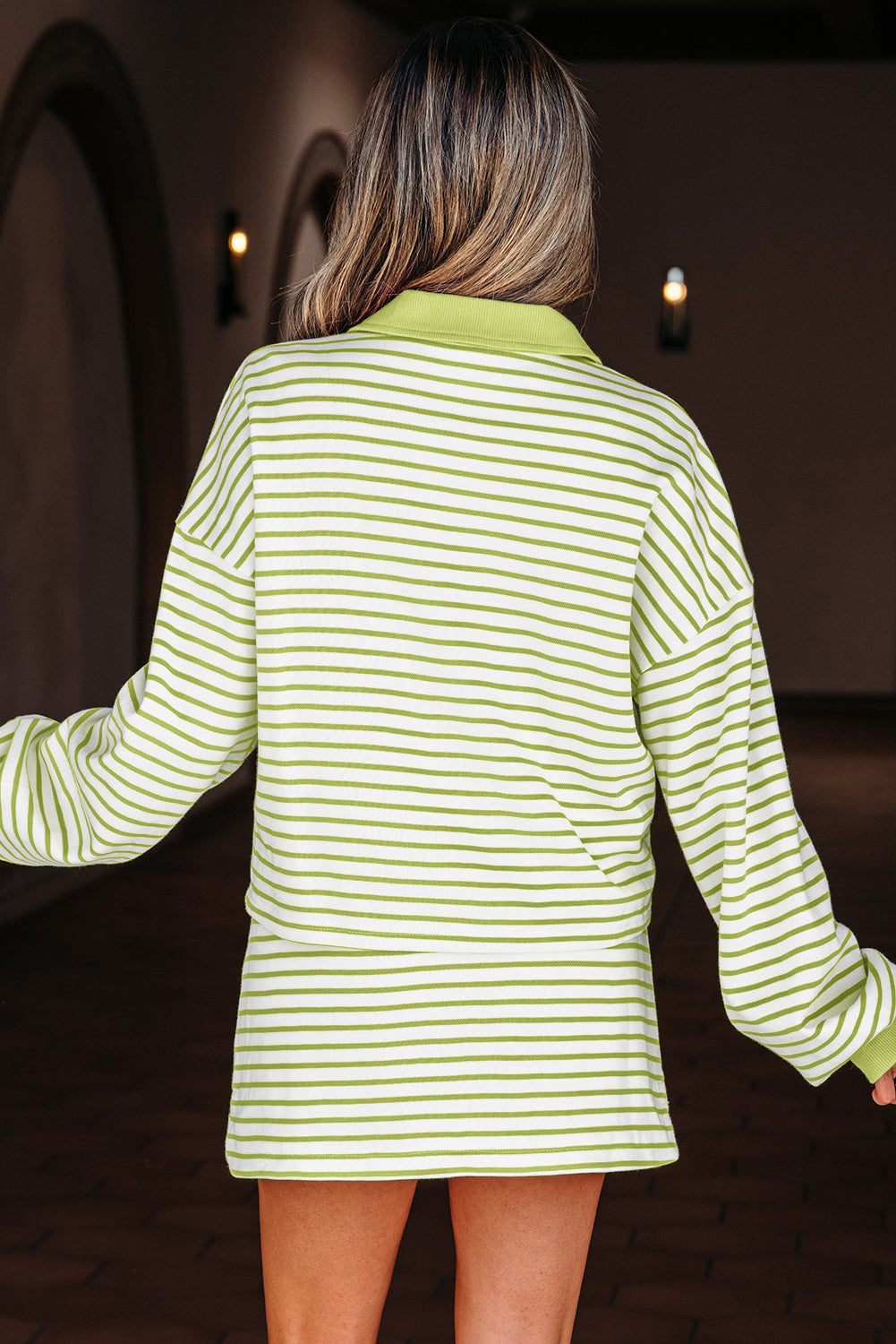 Pink Stripe Collared V Neck Drop Shoulder Pullover and Skort 2pcs Outfit