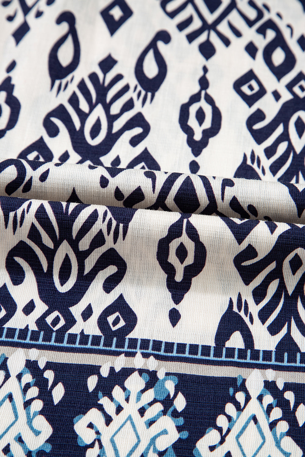 Blue Boho Geometric Print Shirred High Waist Wide Leg Jumpsuit